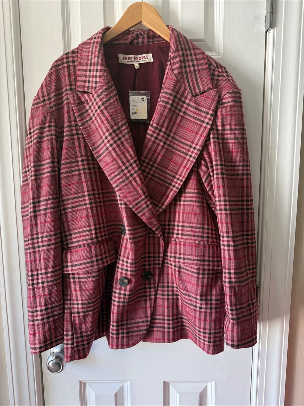 Free People Rose Plaid Double-Breasted Blazer LARGE
